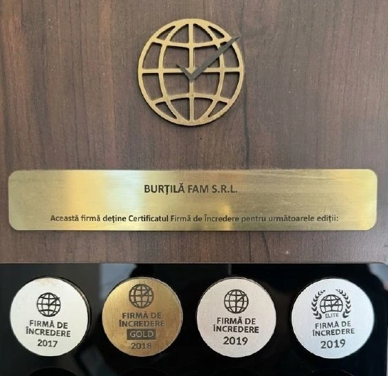 Certificatul Firmă de Încredere și medaliile 2017–2019 ale Burțilă FAM S.R.L.